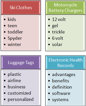 Keyword Qualifiers: Ski Clothes (kids, teen, toddler, Spyder, winter), Motorcycle Battery Chargers (12 volt, gel, trickle, 6 volt, solar), Luggage Tags (plastic, airline, business, customized, personalized), Electronic Health Records (advantages, benefits, definition, software, systems